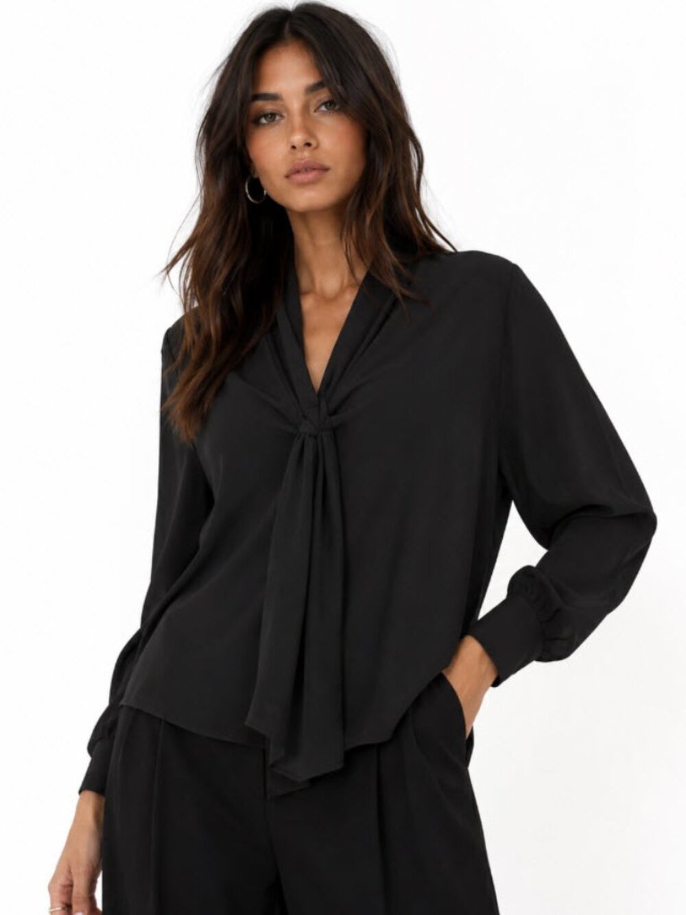 Oak + Fort Black Blouse Long Sleeve Chic Work Wear Minimalist Quiet Luxury